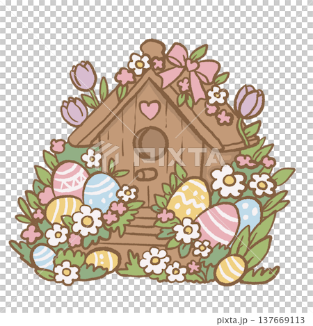 Spring Easter birdhouse surrounded by flowers and decorated eggs cute garden illustration cottagecore Easter decoration clipart for invitations cards and stickers Spring Easter birdhouse surrounded by flowers and decorated eggs cute garden illustration cottagecore Easter decoration clipart for invitations cards and stickers 137669113