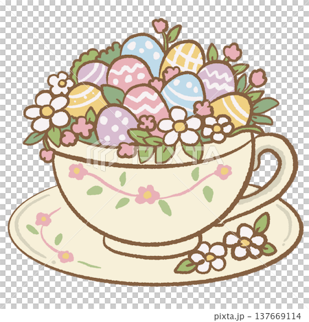 Floral teacup filled with pastel Easter eggs spring flowers cottagecore Easter tea cup illustration cute spring decoration clipart for cards stickers Floral teacup filled with pastel Easter eggs spring flowers cottagecore Easter tea cup illustration cute spring decoration clipart for cards stickers 137669114