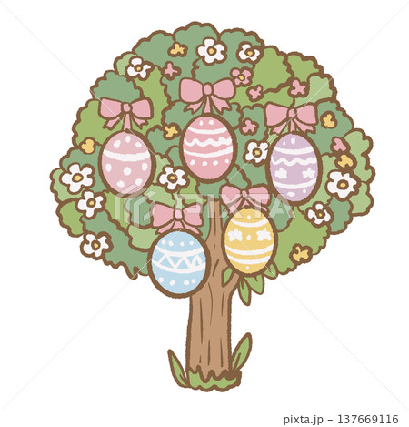 Decorated Easter egg tree with bows flowers and pastel eggs spring garden illustration cute Easter decoration clipart for invitations cards stickers Decorated Easter egg tree with bows flowers and pastel eggs spring garden illustration cute Easter decoration clipart for invitations cards stickers 137669116