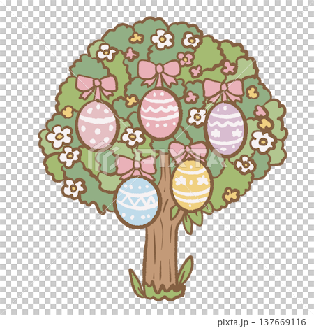 Decorated Easter egg tree with bows flowers and pastel eggs spring garden illustration cute Easter decoration clipart for invitations cards stickers Decorated Easter egg tree with bows flowers and pastel eggs spring garden illustration cute Easter decoration clipart for invitations cards stickers 137669116