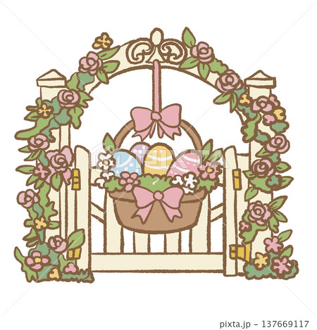 Floral Easter garden gate with hanging basket of decorated eggs spring cottage garden illustration cute Easter decoration clipart for invitations cards and stickers Floral Easter garden gate with hanging basket of decorated eggs spring cottage garden illustration cute Easter decoration clipart for invitations cards and stickers 137669117