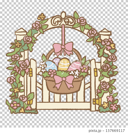 Floral Easter garden gate with hanging basket of decorated eggs spring cottage garden illustration cute Easter decoration clipart for invitations cards and stickers Floral Easter garden gate with hanging basket of decorated eggs spring cottage garden illustration cute Easter decoration clipart for invitations cards and stickers 137669117