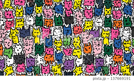 Bright cartoon cats in bold colors create a lively, whimsical wallpaper pattern full of playful charm.   137669191