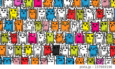 Bright cartoon cats in bold colors create a lively, whimsical wallpaper pattern full of playful charm.   137669196