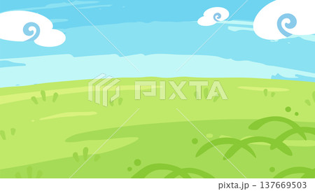 絵の具で描いたような和風な雰囲気のある草原と空の背景イラスト_16:9 137669503