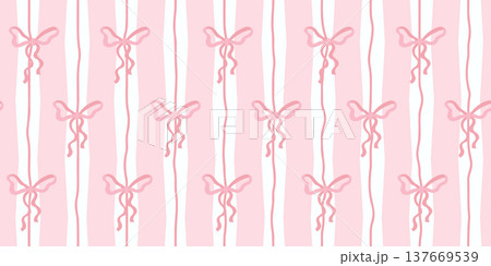Seamless pattern with pink bows on a striped background. Simple festive background, print. 137669539