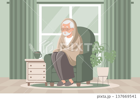 Sad senior man in blanket sitting in armchair and drinking a hot drink. Concept of illness, sickness, cold, flu, fever. Illustration. Sad senior man in blanket sitting in armchair and drinking a hot drink. Concept of illness, sickness, cold, flu, fever. Illustration. 137669541