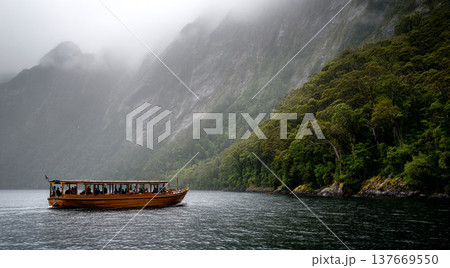 A vintage wooden cruise boat navigates a calm river surrounded by lush green forests and towering, mist-shrouded mountains under a moody, overcast sky. 137669550