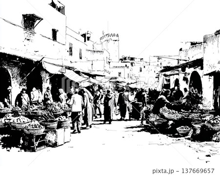 Hand-drawn black and white ink sketch depicting a crowded Moroccan bazaar. People in traditional attire walk through a narrow street lined with ancient buildings and market stalls. 137669657