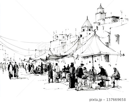 Hand-drawn black and white ink sketch depicting a crowded Moroccan bazaar. People in traditional attire walk through a narrow street lined with ancient buildings and market stalls. Hand-drawn black and white ink sketch depicting a crowded Moroccan bazaar. People in traditional attire walk through a narrow street lined with ancient buildings and market stalls. 137669658
