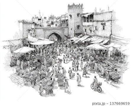 Hand-drawn black and white ink sketch depicting a crowded Moroccan bazaar. People in traditional attire walk through a narrow street lined with ancient buildings and market stalls. 137669659