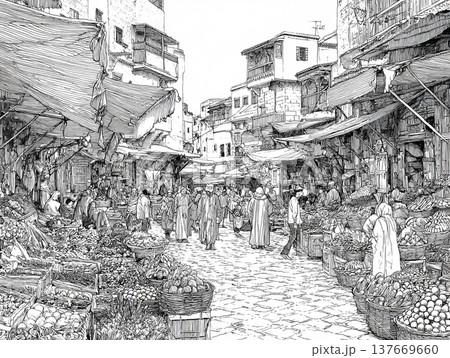 Hand-drawn black and white ink sketch depicting a crowded Moroccan bazaar. People in traditional attire walk through a narrow street lined with ancient buildings and market stalls. Hand-drawn black and white ink sketch depicting a crowded Moroccan bazaar. People in traditional attire walk through a narrow street lined with ancient buildings and market stalls. 137669660