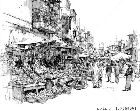 Hand-drawn black and white ink sketch depicting a crowded Moroccan bazaar. People in traditional attire walk through a narrow street lined with ancient buildings and market stalls. Hand-drawn black and white ink sketch depicting a crowded Moroccan bazaar. People in traditional attire walk through a narrow street lined with ancient buildings and market stalls. 137669661