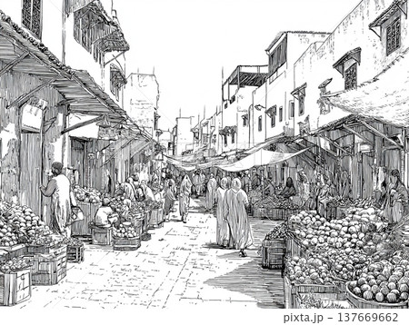 Hand-drawn black and white ink sketch depicting a crowded Moroccan bazaar. People in traditional attire walk through a narrow street lined with ancient buildings and market stalls. 137669662