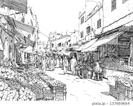 Hand-drawn black and white ink sketch depicting a crowded Moroccan bazaar. People in traditional attire walk through a narrow street lined with ancient buildings and market stalls. Hand-drawn black and white ink sketch depicting a crowded Moroccan bazaar. People in traditional attire walk through a narrow street lined with ancient buildings and market stalls. 137669664