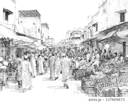 Hand-drawn black and white ink sketch depicting a crowded Moroccan bazaar. People in traditional attire walk through a narrow street lined with ancient buildings and market stalls. Hand-drawn black and white ink sketch depicting a crowded Moroccan bazaar. People in traditional attire walk through a narrow street lined with ancient buildings and market stalls. 137669673