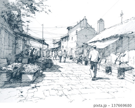 Hand-drawn black and white ink sketch depicting a crowded Moroccan bazaar. People in traditional attire walk through a narrow street lined with ancient buildings and market stalls. Hand-drawn black and white ink sketch depicting a crowded Moroccan bazaar. People in traditional attire walk through a narrow street lined with ancient buildings and market stalls. 137669680