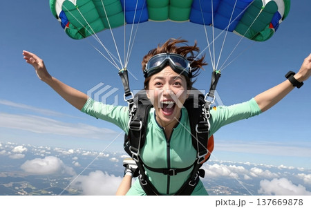 Thrilling skydiving portrait of a joyful young Asian woman in jumpsuit and goggles, soaring with arms outstretched under a colorful parachute amid blue skies and clouds. 137669878