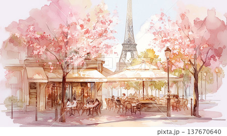 People enjoy coffee at a cafe under cherry blossoms near the Eiffel Tower in Paris during springtime People enjoy coffee at a cafe under cherry blossoms near the Eiffel Tower in Paris during springtime 137670640
