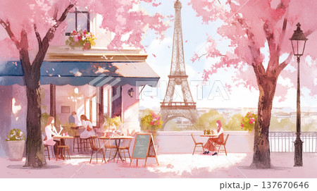 People sit in a cafe near the Eiffel Tower surrounded by cherry blossom trees in Paris during springtime 137670646