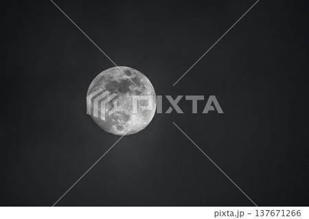Real full moon against a dark black sky, showing craters and lunar surface, copy space 137671266