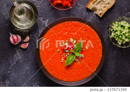 Gazpacho soup. Traditional spanish cold tomato soup. Gazpacho soup. Traditional spanish cold tomato soup. 137671399