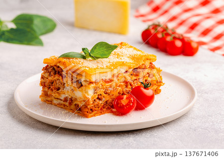 Traditional lasagna with bolognese sauce 137671406