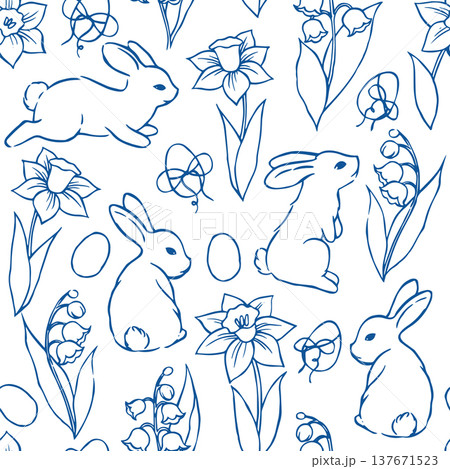 Cute Easter pattern with bunnies and flowers in vintage style. Vector doodle illustration. 137671523