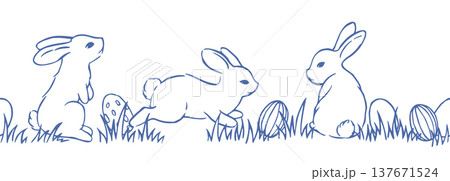 Cute Easter seamless border with bunnies and eggs in vintage style. Vector doodle illustration. 137671524