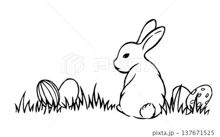 Cute Easter border with bunnies and eggs in vintage style. Vector doodle illustration. 137671525