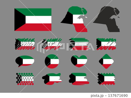 A set of Kuwait flags in square, rectangular, round and other shapes. Flag icon. Standard color. Vector illustration. Isolated on gray background. A set of Kuwait flags in square, rectangular, round and other shapes. Flag icon. Standard color. Vector illustration. Isolated on gray background. 137671690