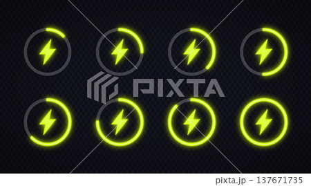 Neon energy loading icons showing circular progress levels. Bright electric symbols with glowing charge indicators on transparent background Neon energy loading icons showing circular progress levels. Bright electric symbols with glowing charge indicators on transparent background 137671735