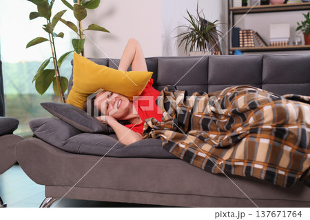 Cozy afternoon nap on a gray sofa with yellow pillow, enjoying a peaceful moment indoors Cozy afternoon nap on a gray sofa with yellow pillow, enjoying a peaceful moment indoors 137671764