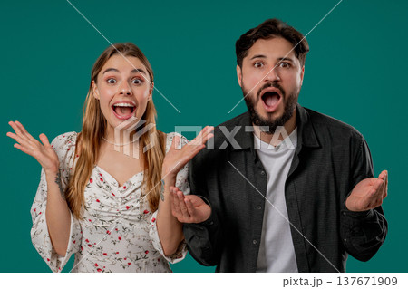 Surprised Happy Couple Expresses Wow,Delight, Omg.Impressed Man Woman.Great News 137671909
