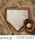 Conceptual Baseball Home Plate with Red Stitching Texture on Dirt 137672307