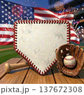 Patriotic Baseball Background with US Flag, Fireworks and Home Plate 137672308