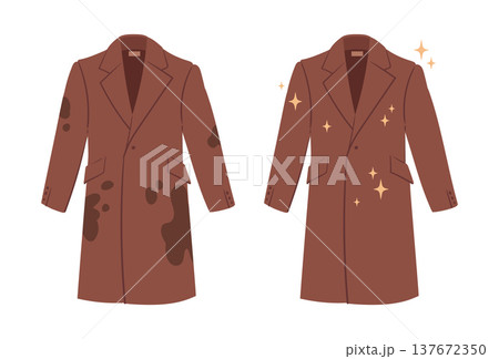 Dirty and clean coat. Laundry apparel, wrinkled stained clothing become clean and fresh flat vector illustration. Cartoon coat cleaning concept on white background 137672350