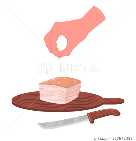 Hand salting bacon. Pork fat or bacon seasoning, delicious meat product, bacon salting process flat vector illustration. Cartoon lard cooking on white 137672353