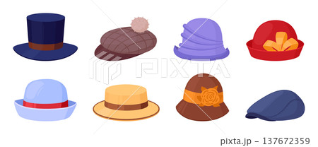Vintage headwear. Retro male and female hats, ladies and gentlemen fashion accessories, cylinder, cloche and bowler hat, derby flat vector illustration set. Cartoon retro headwear isolated on white Vintage headwear. Retro male and female hats, ladies and gentlemen fashion accessories, cylinder, cloche and bowler hat, derby flat vector illustration set. Cartoon retro headwear isolated on white 137672359