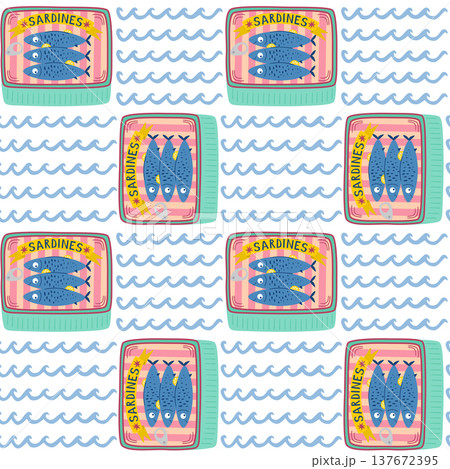Sardine cans mosaic seamless pattern. Vector Mediterranean fish, coastal repeat background. Portuguese seafood Sardine cans mosaic seamless pattern. Vector Mediterranean fish, coastal repeat background. Portuguese seafood 137672395