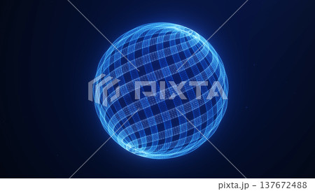 Glowing blue wireframe sphere with woven digital lattice on dark background. Futuristic abstract globe with geometric depth, cyber light and clean technology aesthetic. 137672488