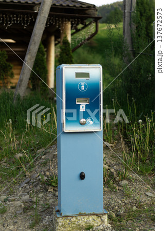 Old retro parking meter covered with green plants showing abandoned urban object and nature reclaiming city space 137672573