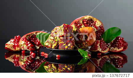 Turkish pomegranate delight with pistachio and pieces of fresh pomegranate. Turkish pomegranate delight with pistachio and pieces of fresh pomegranate. 137672717