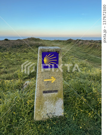 Camino de Santiago waymarker with yellow scallop shell symbol, direction arrow standing in coastal meadow near Atlantic ocean in Oia, Galicia, Spain. Pilgrimage tourism, hiking route Camino de Santiago waymarker with yellow scallop shell symbol, direction arrow standing in coastal meadow near Atlantic ocean in Oia, Galicia, Spain. Pilgrimage tourism, hiking route 137672880