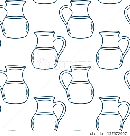 Jug of milk, simple vector pattern in doodle sketch style with Mediterranean blue line. Hand-drawn repeating design of rustic milk pitchers for kitchen textiles or farmhouse decor 137672997