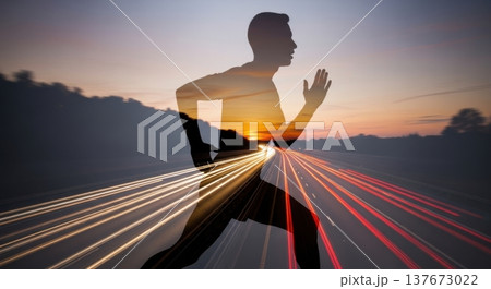 Double Exposure Runner Silhouette Motion Highway Portrait 137673022