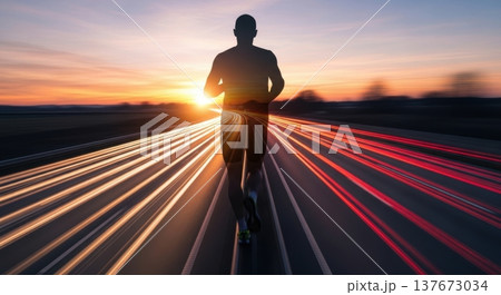 Double Exposure Runner Silhouette Motion Highway Portrait 137673034