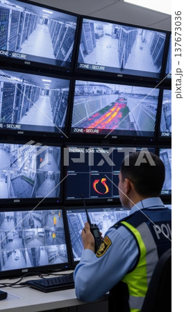 Security Guard Monitoring CCTV Screens in AI Data Center Control Room 137673036