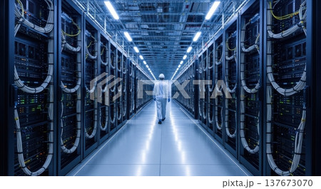 Massive Hyperscale AI Data Center Aisle with Technician Back View Massive Hyperscale AI Data Center Aisle with Technician Back View 137673070