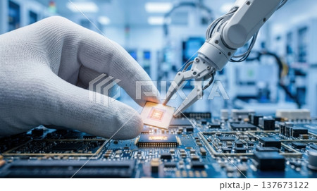 Human and Robot Arm Assembling Microchip in High Tech Cleanroom 137673122
